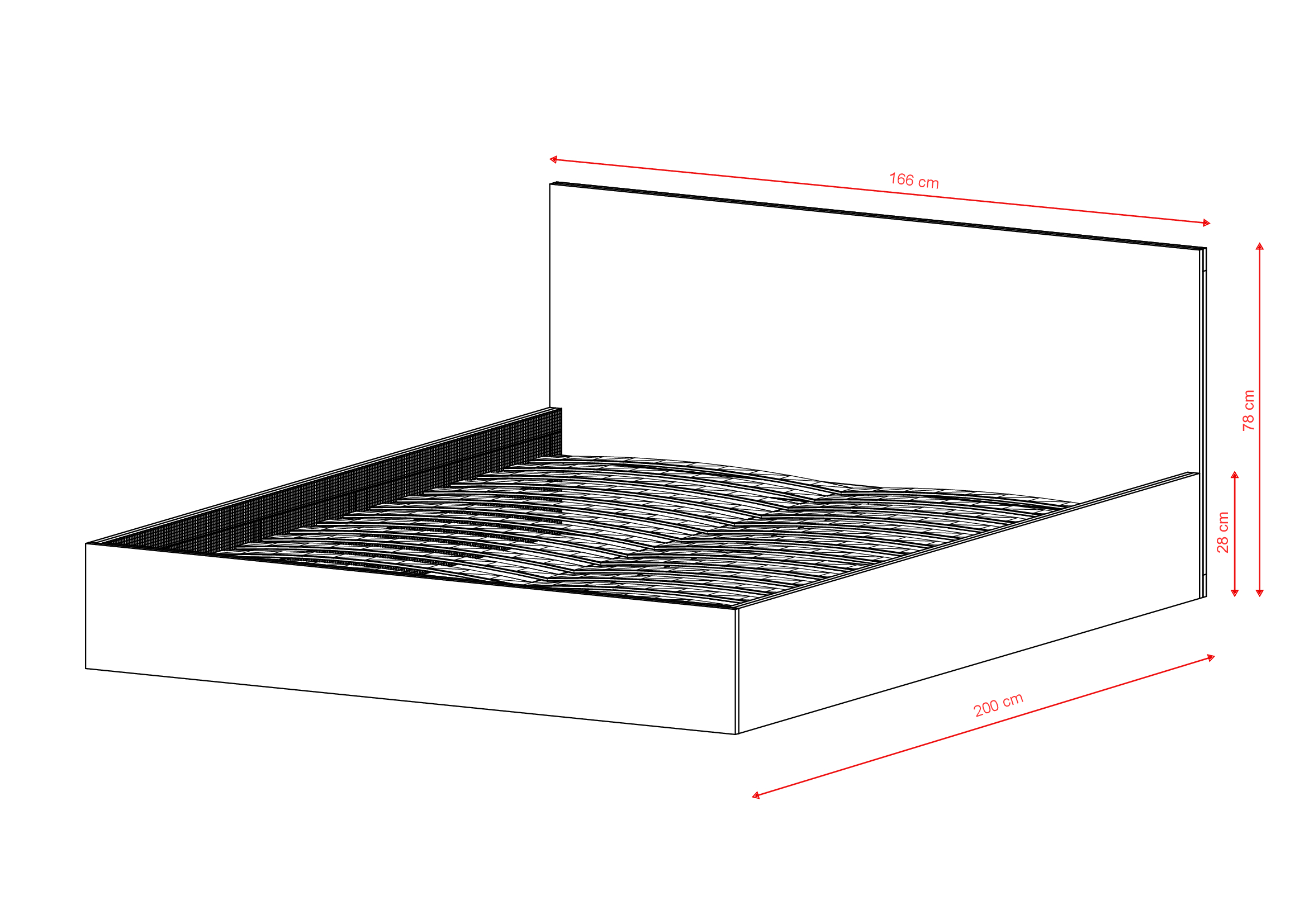 Rysunek techniczny łóżka tapicerowanego HEVEN 160x200 – Lano Meble
