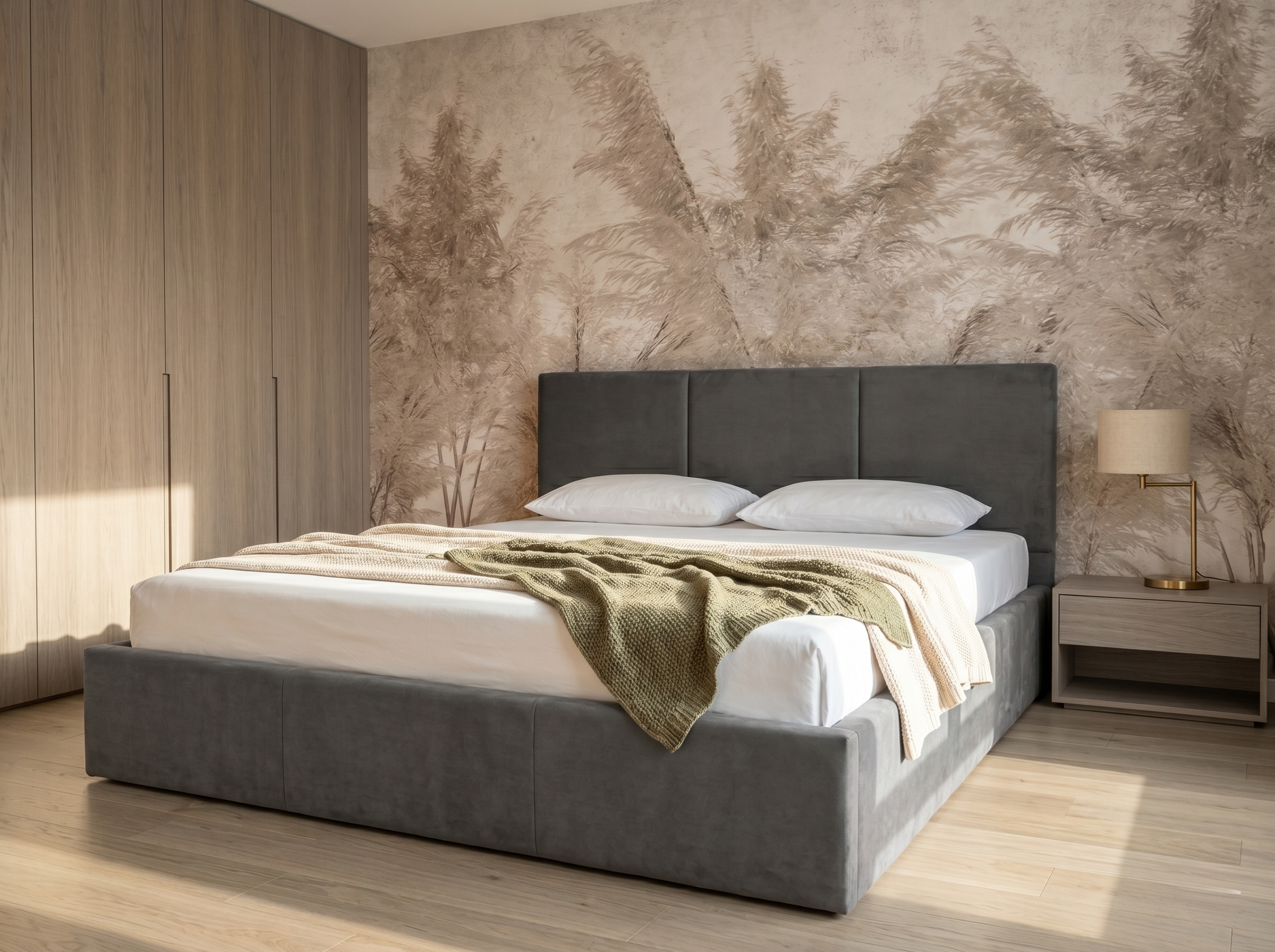 Łóżko tapicerowane HEVEN w tkaninie Manila 01 kremowej 160x200 – aranżacja sypialni – Lano Meble