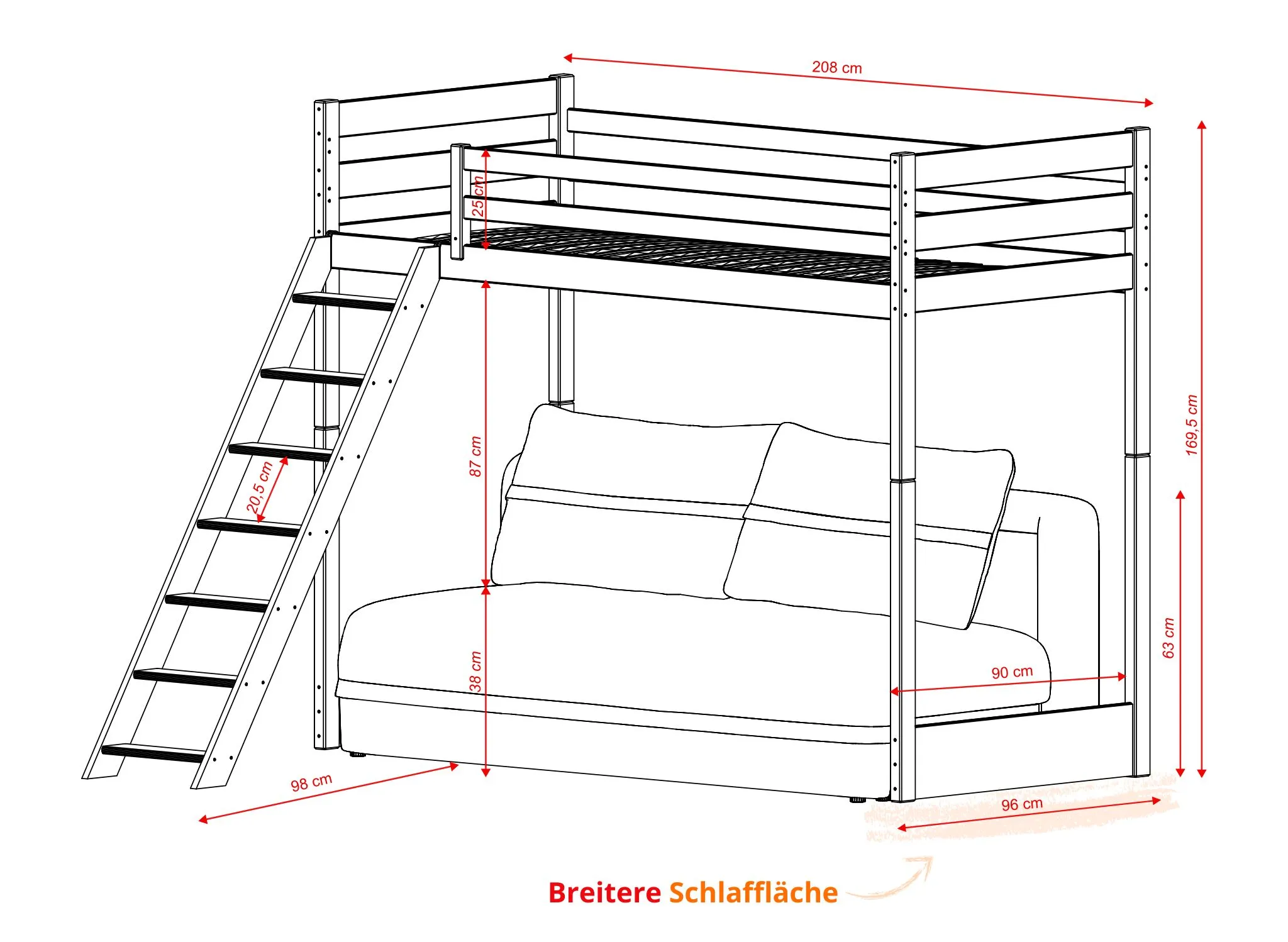 Technische Zeichnung SAVIO Kiefer 90x200/140x200 Hochbett mit ausziehbarem Sofa – Lano Meble
