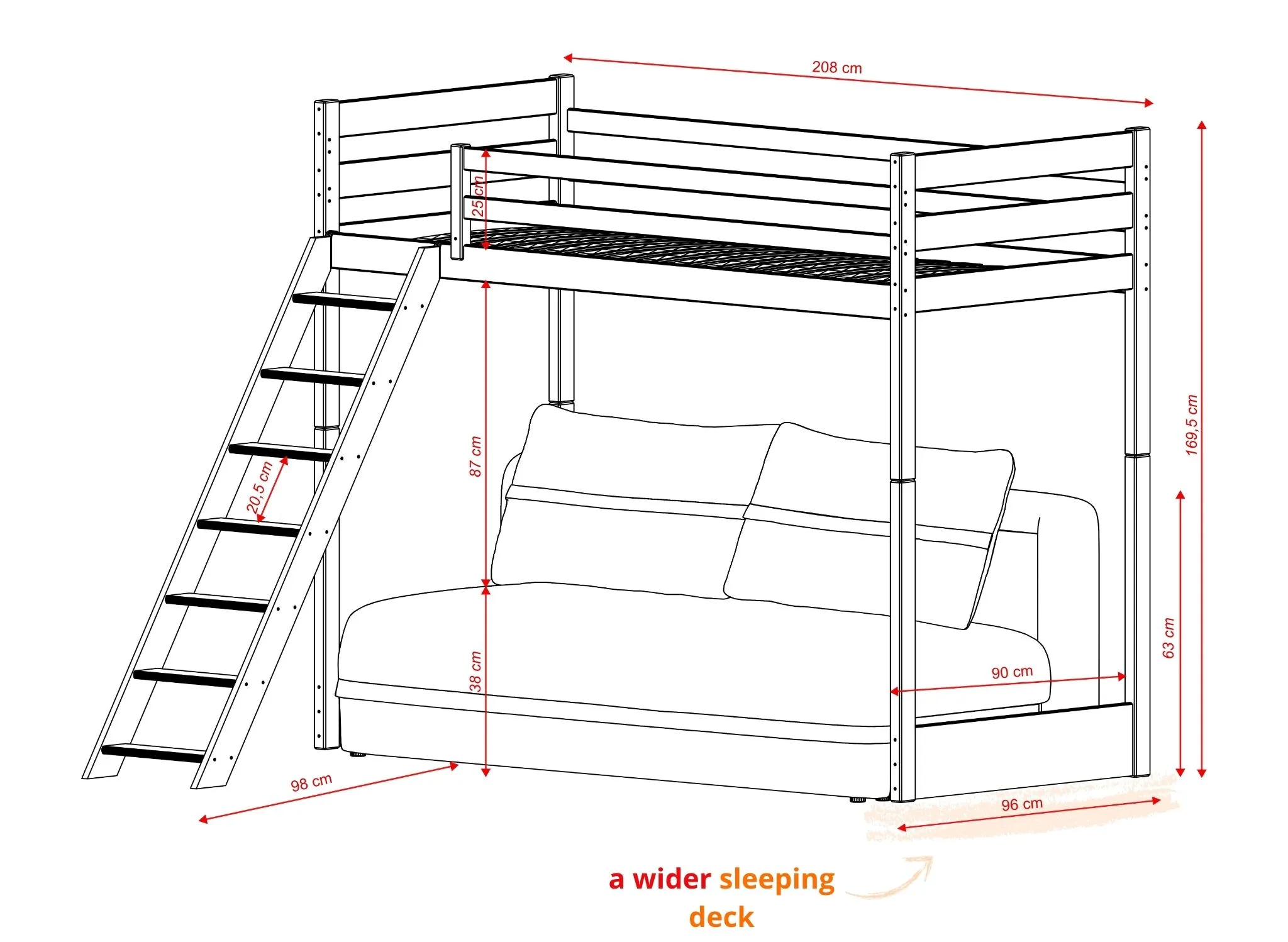 Technical drawing SAVIO 90x200/140x200 loft bed with fold-out sofa Lano Furniture