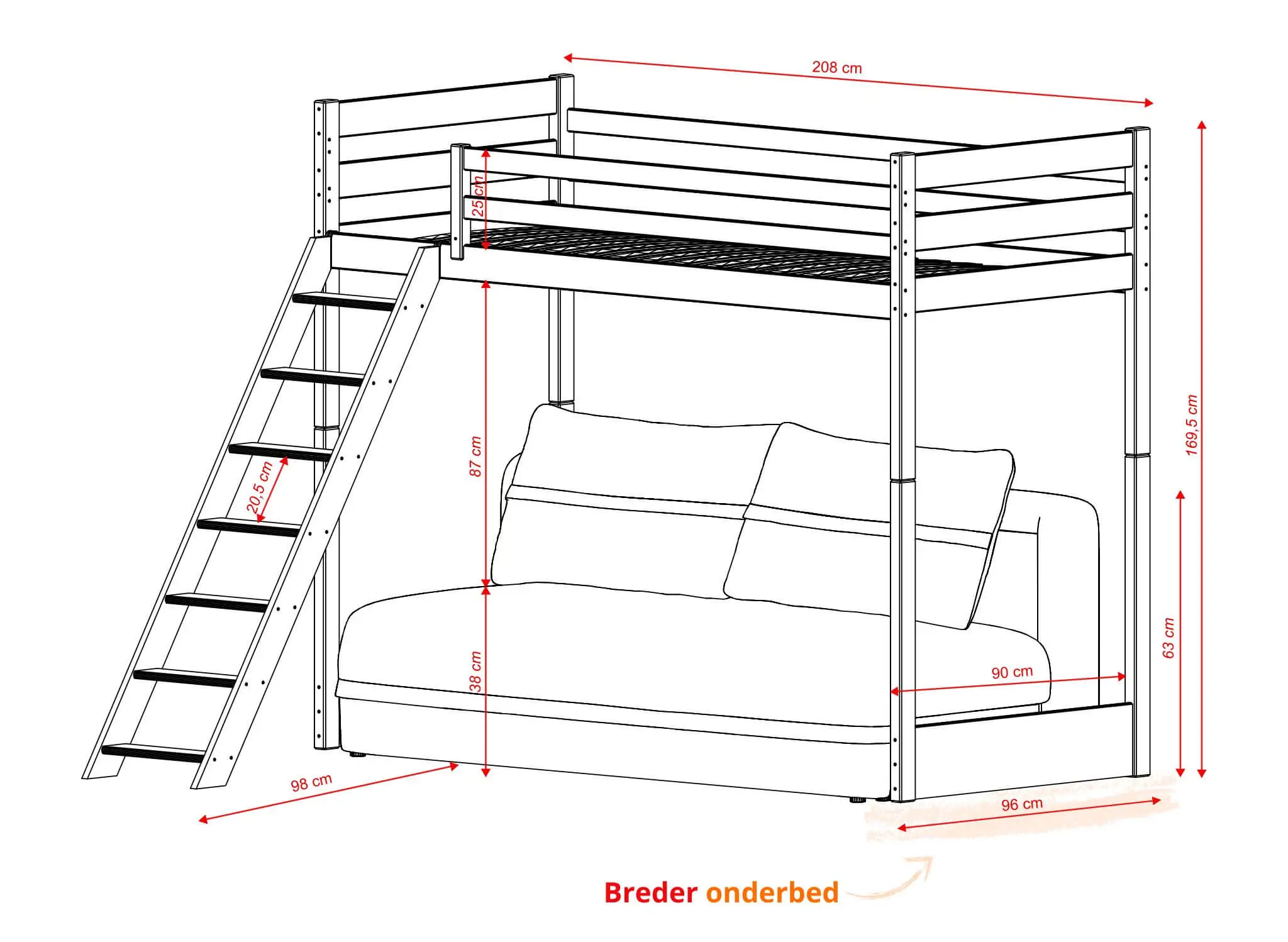 Technische tekening SAVIO 90x200/140x200 loftbed met uitklapbare bank beige stof perfect harmony 02 Lano Meble