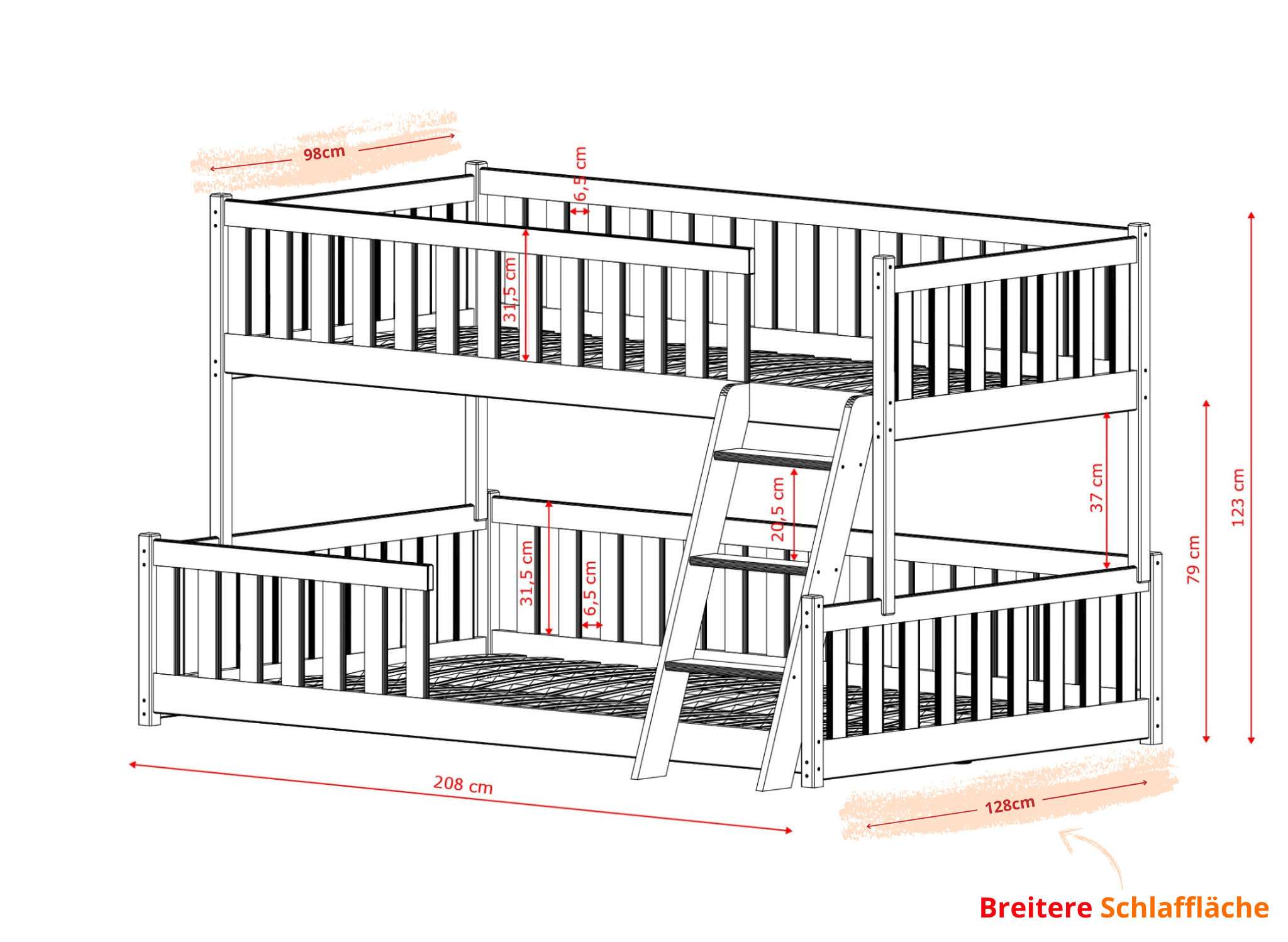 Abmessungen des NICE Kiefernholz-Bodenbetts von Lano Meble
