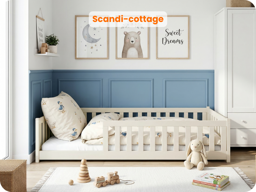 Bawełniane łóżko podwójne niskie w pokoju chłopięcym ,,Scandi Cottage''
