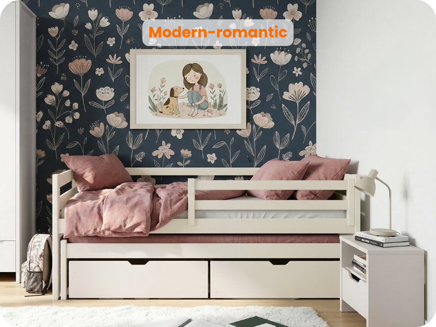 Bawełniane łóżko podwójne niskie w pokoju dziewczęcym ,,Modern romantic''