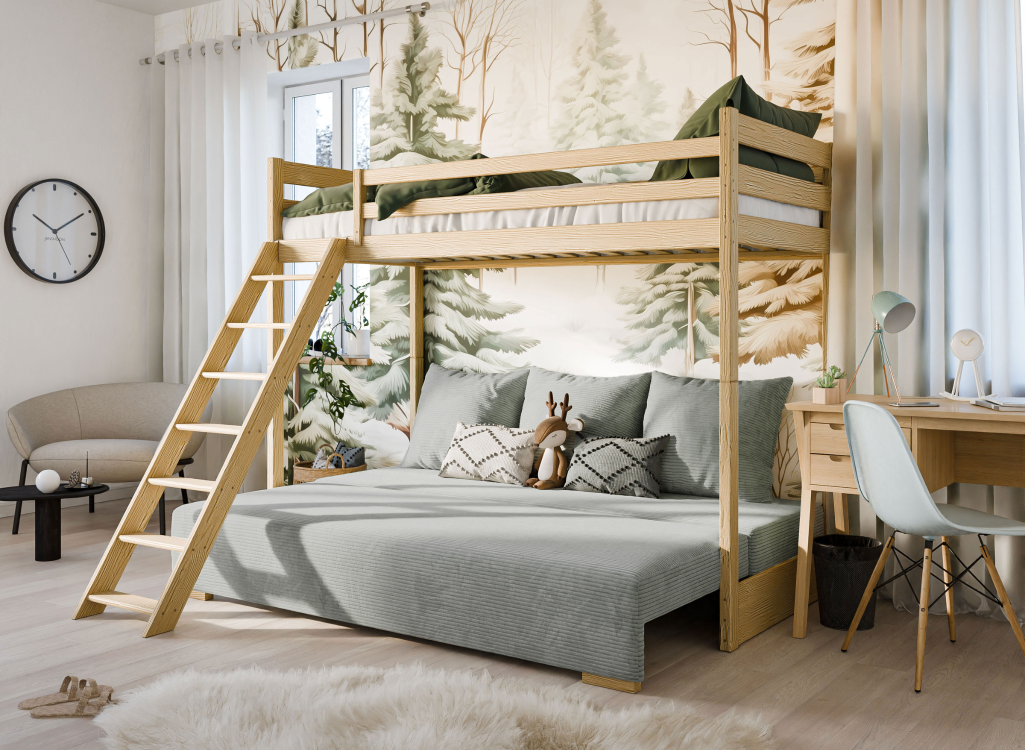 SOFINO Unvarnished Loft Bed with Sofa with Grey Sofa – Room Arrangement – Lano Meble