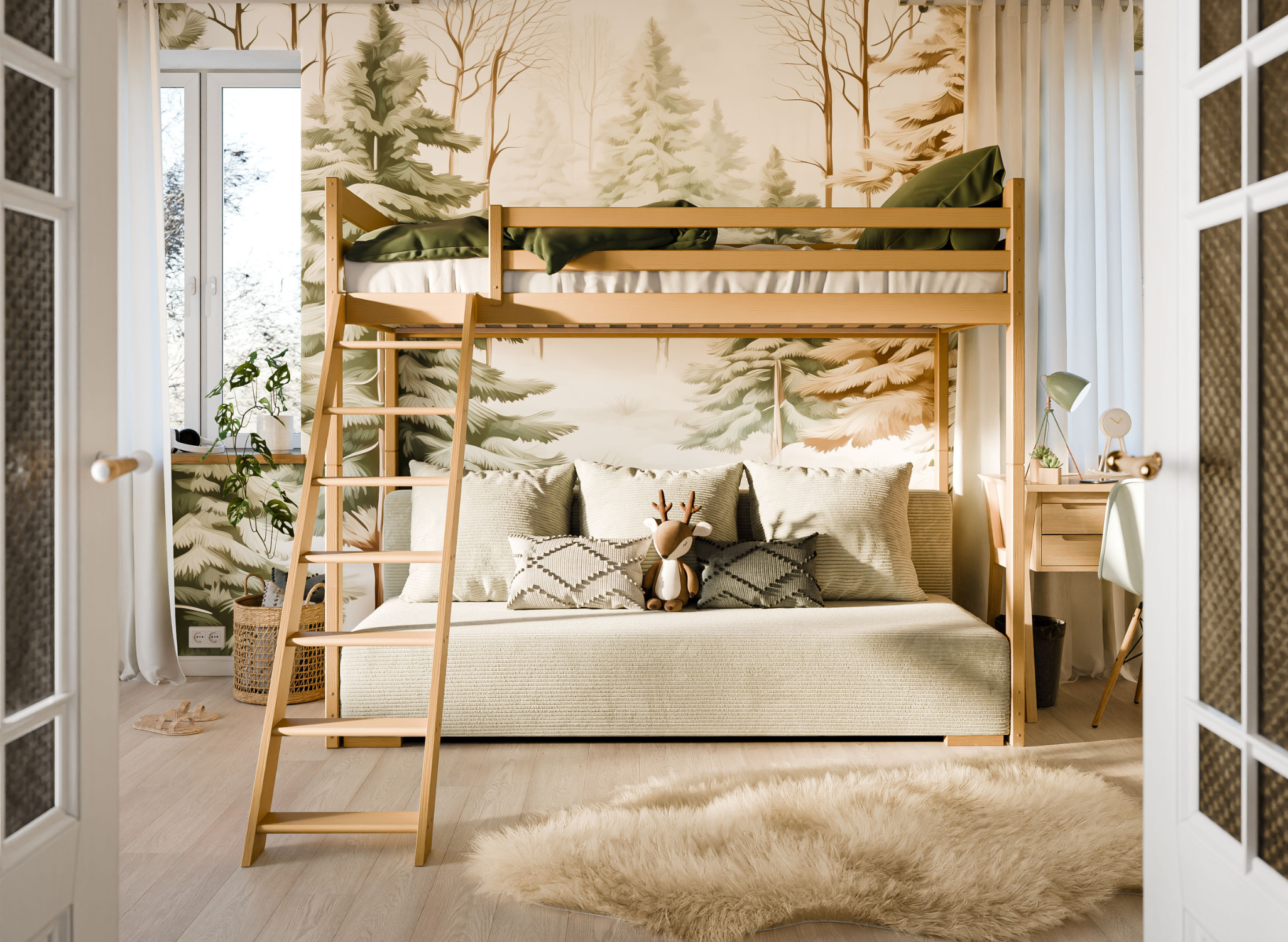 SOFINO Loft Bed Untreated 90x200/140x200 with Beige Sofa – Lano Meble