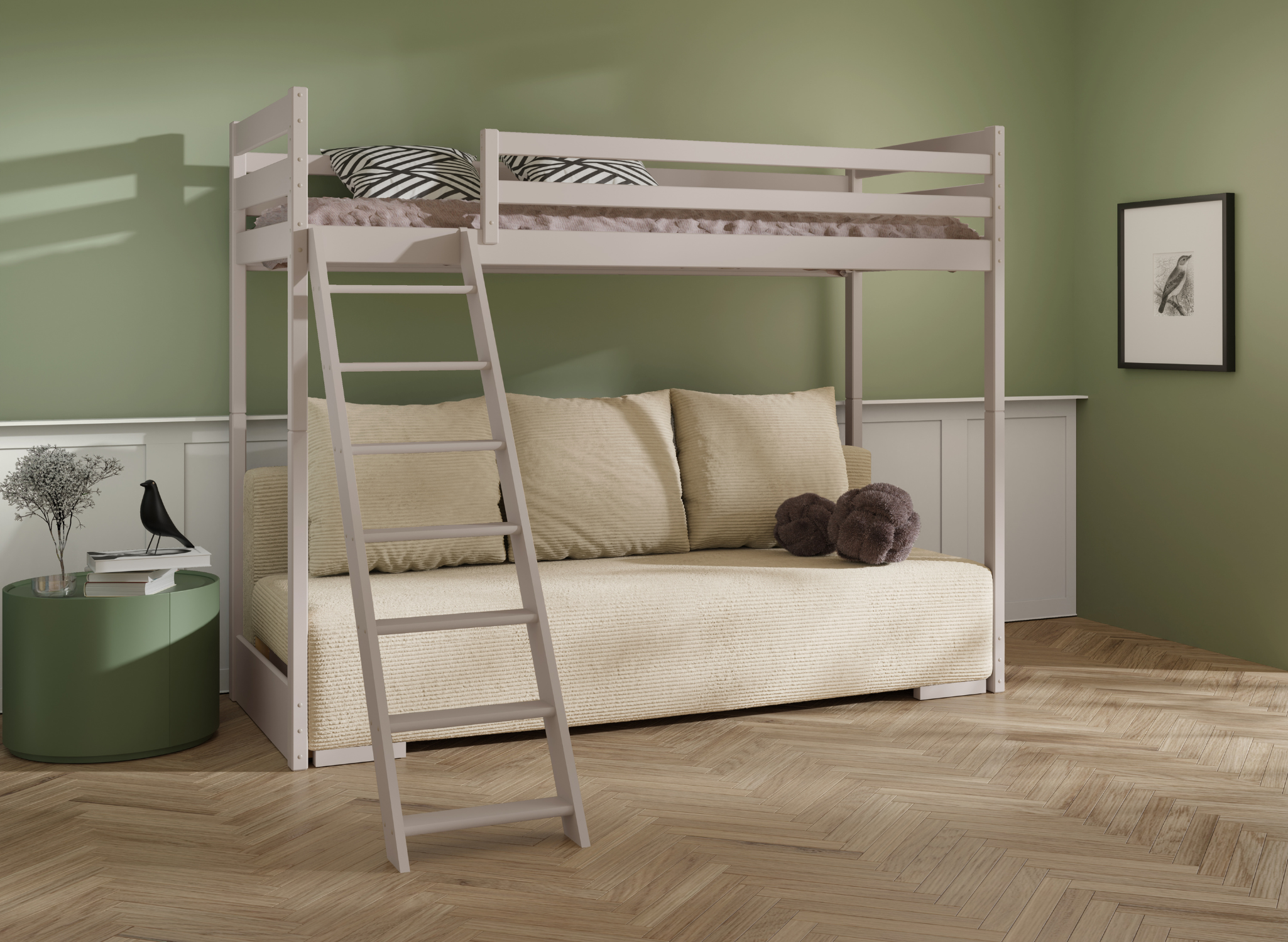 Inredning av tonårsrum med loftsäng SOFINO kashmir med beige soffa – Lano Meble