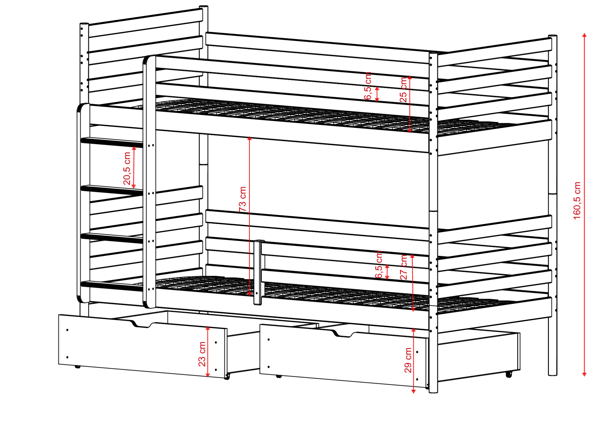 Mått för våningssängen GUSTO 90x200 olivgrön