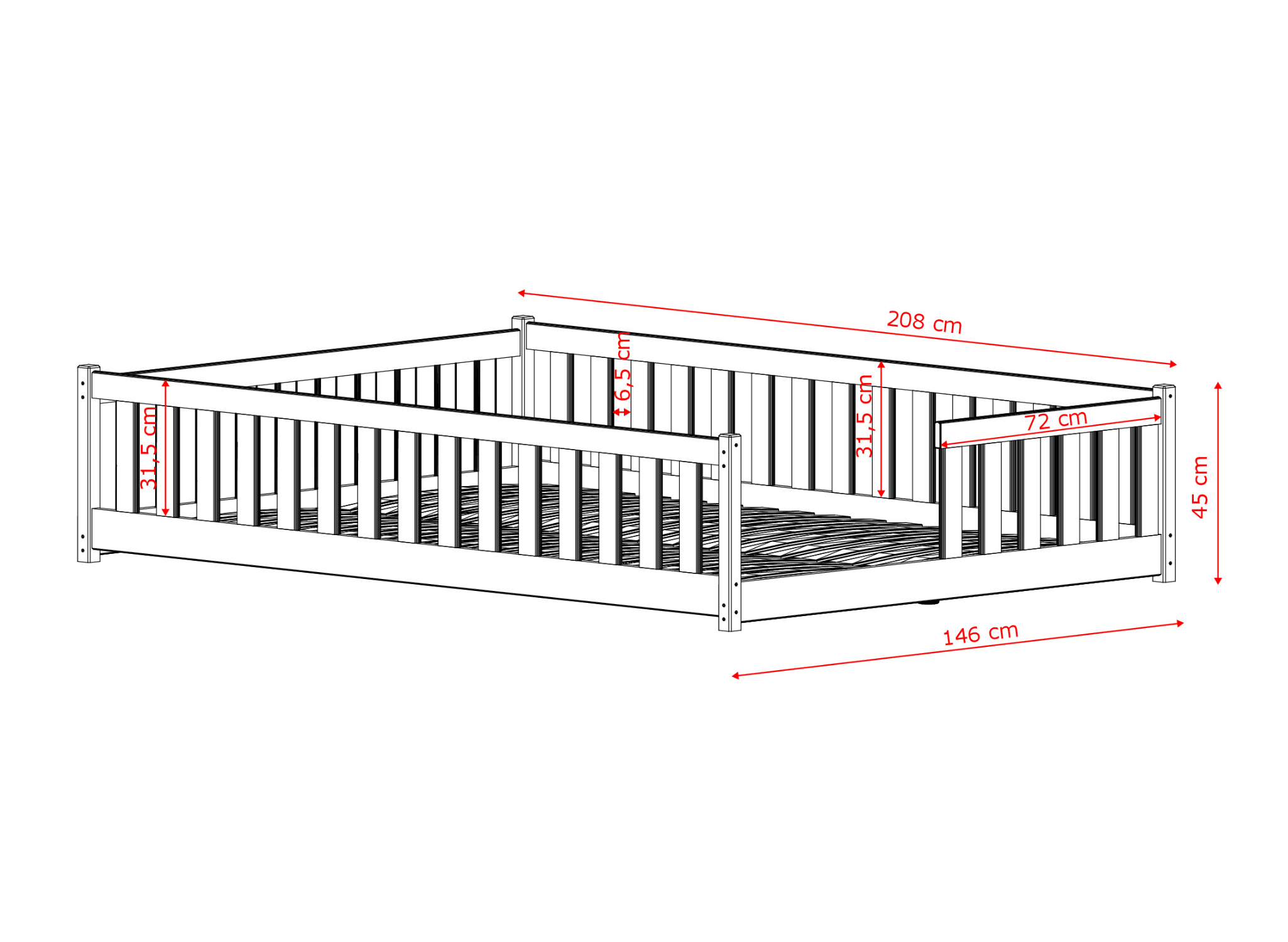 Teknisk ritning och mått för LEVI 140x200 säng