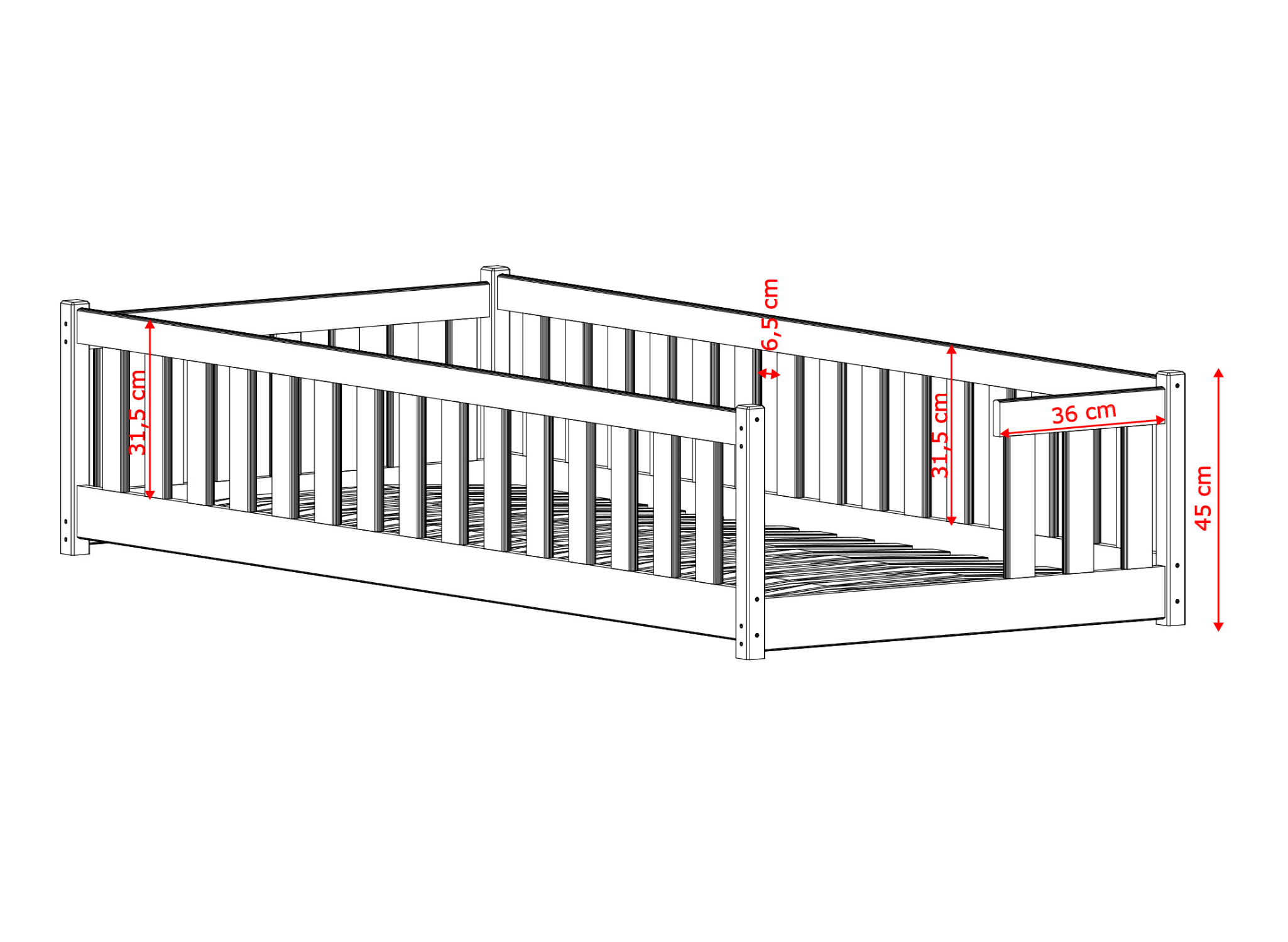 Rysunek techniczny i wymiary łóżka ZOYA 90X180