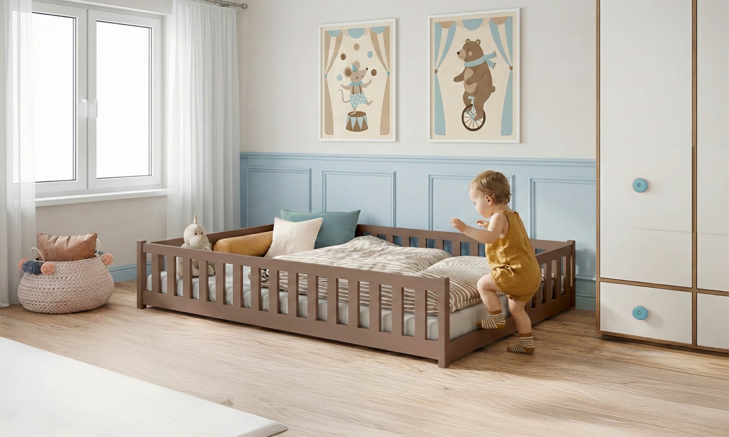 Stor LEVI golvsäng 140x200 olivgrön i barnrummet